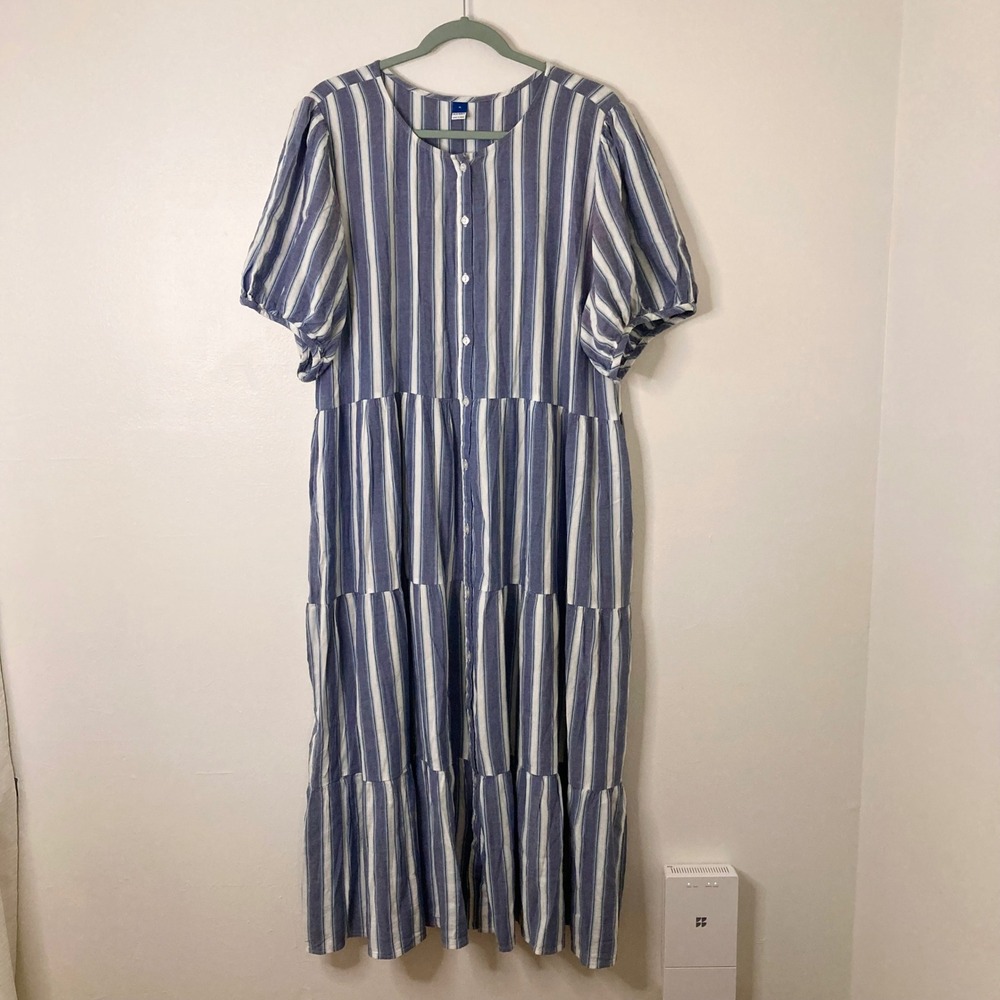 Blue White Striped Tiered Maxi Dress Coastal XL Puff Sleeve Pockets Cottagecore